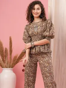 Globus Maroon Ethnic Motif Printed Puff Sleeve Pure Cotton Top & Trouser