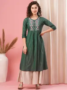 Globus Green Floral Embroidered Roll Up Sleeves A-Line Kurta