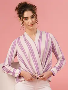 Globus Striped Wrap Cuffed Sleeves Casual Top
