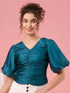 Globus Teal Blue V-Neck Puff Sleeve Opaque Crepe Top