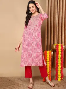 KALINI Geometric Printed Thread Work Straight Kurta