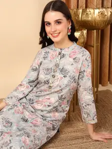 KALINI Floral Printed Mandarin Collar Straight Kurta