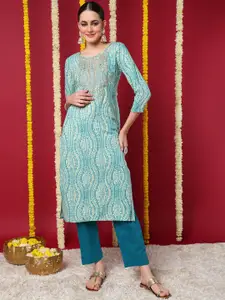 KALINI Abstract Printed Round Neck Sequinned Straight Kurta