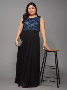 Miss Chase A+ Plus Size Round Neck Lace Overlaid Georgette Maxi Dress