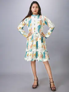 MAIYEE Floral Printed Long Sleeve Fit & Flare Dress