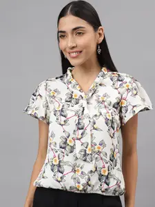 Latin Quarters Floral Print Tie-Up Neck Flared Sleeve Opaque Top