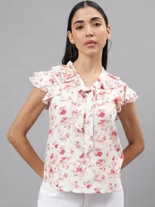 Latin Quarters Floral Print Tie-Up Neck Flutter Sleeve Opaque Casual Top