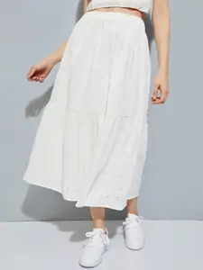max Self Design Schiffli Pure Cotton Mid-Rise Flared Midi Skirt