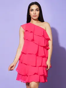 Globus Pink Layered One Shoulder Chiffon A-Line Dress