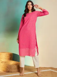 Sangria Pink Floral Embroidered Keyhole Neck Staright Kurta