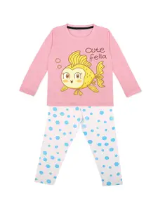 HERE&NOW Pink Girls Graphic Printed Night suit