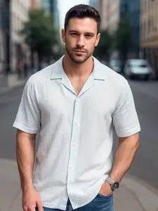 Maniac Cuban Collar Relaxed Cotton Striped Casual Shirt