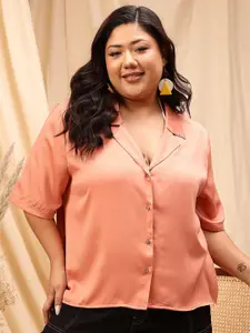 CURVY STREET Rust Comfort Satin Spread Collar Curved Casual Shirt
