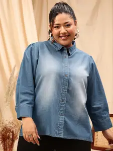 CURVY STREET Blue Comfort Cotton Spread Collar Curved Casual Shirt