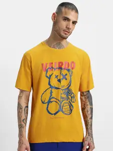 VEIRDO Graphic Printed Round Neck Drop-Shoulder Sleeves Pure Cotton Oversized T-shirt
