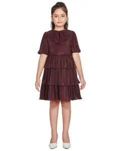 Peppermint Girls Self Design Mock Neck Puff Sleeves Layered Party Fit & Flare Dress