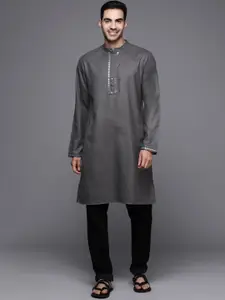 Indo Era Geometric Yoke Design Mirror Work Mandarin Collar Straight Kurta