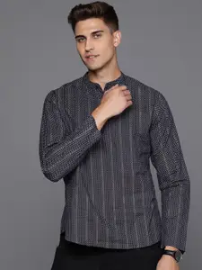 Indo Era Herringbone Printed Band Collar Regular Cotton Straight Kurta