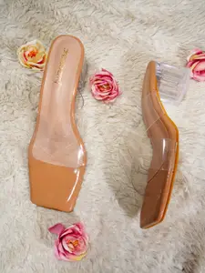 DressBerry Tan Brown Open Toe Block Heels