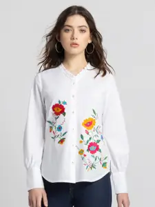 SHAYE Relaxed Floral Embroidered Opaque Cotton Casual Shirt