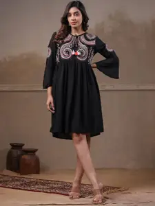 Sangria Black Ethnic Motifs Embroidered Tie-Up Neck Gathered A-Line Ethnic Dress