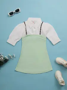 V-Mart Girls Textured Shirt Collar Puff Sleeves Cotton Pinafore Dress