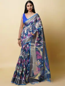 Unnati Silks Ikat Printed Zari Pochampally Saree With Tassels