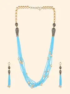 Runjhun Women Gold-Plated Layered Beaded Necklace with Earrings