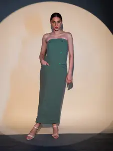 Stylecast X Hersheinbox Buttoned Detail Sheath Strapless Maxi Dress