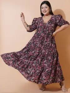 U&F Beyond Plus Size Floral Printed Puffed Sleeves Tiered Fit and Flare Maxi Dress