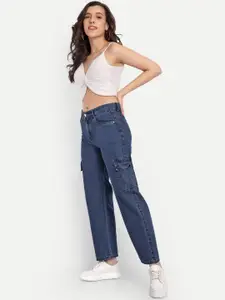 BROADSTAR Women Smart Straight Fit High-Rise Clean Look Light Fade Cotton Cargo Jeans