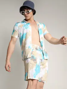 Campus Sutra White Dyed Lapel Collar Shirt & Mid-Rise Shorts