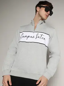 Campus Sutra Grey Typography Printed Mock Collar Cotton Pullover Sweatshirt