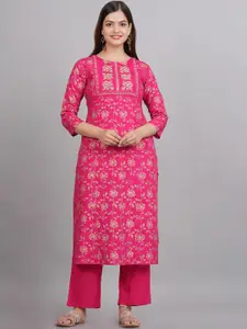 NEW4U Floral Sequinned Embroidered Round Neck Straight Kurta
