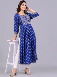NEW4U Floral Printed Round Neck Sequinned Aliya Cut Kurta