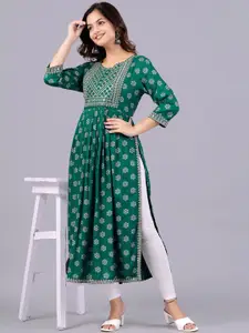 NEW4U Floral Printed Round Neck Sequinned Aliya Cut Kurta