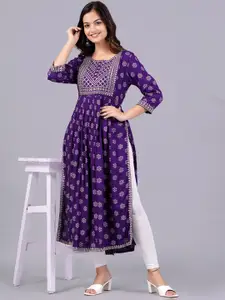 NEW4U Floral Printed Round Neck Sequinned Aliya Cut Kurta
