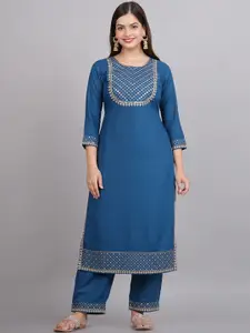 NEW4U Sequinned Embroidered Round Neck Straight Kurta
