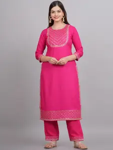 NEW4U Sequinned Embroidered Round Neck Straight Kurta