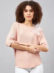 Orchid Hues Round Neck Short Sleeves Woollen Top