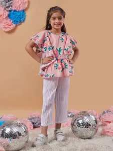 pspeaches Girls Floral Printed Kimono Sleeve Top with Trousers