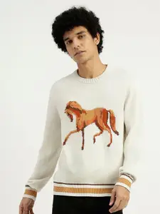 United Colors of Benetton Graphic Printed Relaxed Fit Pure Cotton Pullover Sweater