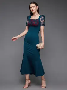 Miss Chase Square Neck Short Puff Sleeves Georgette Lace Overlaid Bodycon Dress