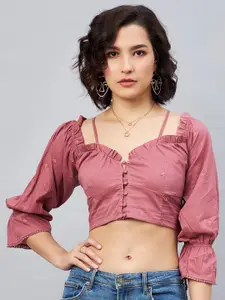 Orchid Hues Geometric Embroidered Sweetheart Neck Puff Sleeves Cotton Crop Top
