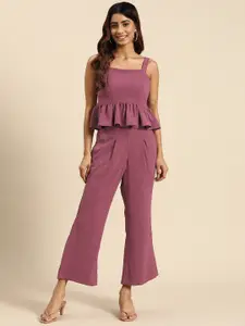 WoowZerz Women Solid Peplum Top with Palazzos Co-Ords