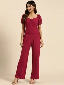 WoowZerz Women Solid Ribbed Top with Palazzos Co-Ords