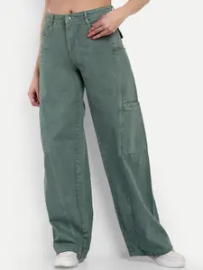 BROADSTAR Women Wide Leg High-Rise Clean Look Cotton Cargo Jeans