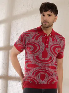 FUGAZEE Red Regular Fit Printed Polo Collar Cotton T-shirt
