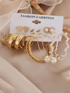 KARISHMA KREATIONS Set Of 9 Gold-Plated Beads Beaded Classic Hoop & Studs Earrings