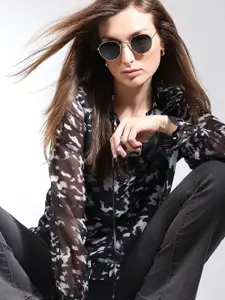 Vero Moda Abstract Printed Tie-Up Neck Bell Sleeves Top